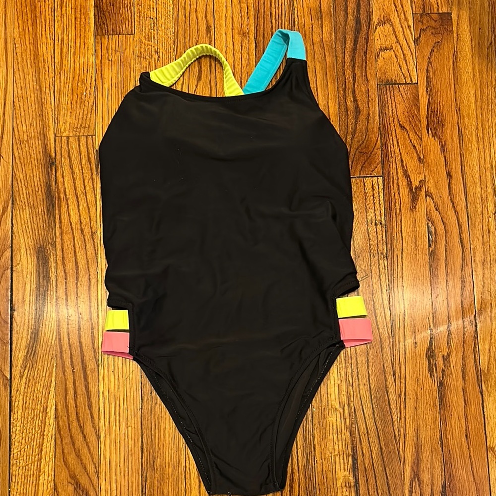 Women's Black One-Piece Swimsuit with Colorful Straps